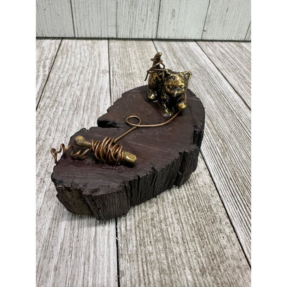 Vintage Eneg Creations 24k Gold Plated Cat Playing with String on Wood Art